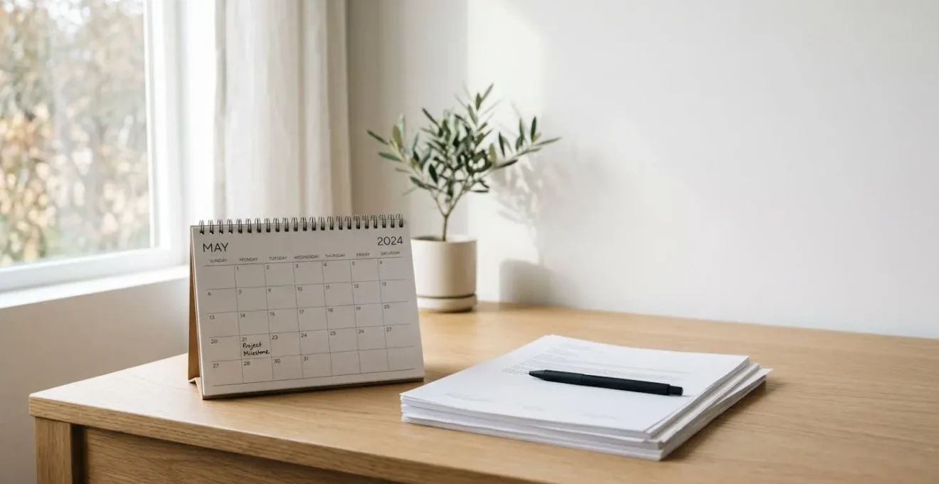 Scène minimaliste avec calendrier et documents dans un environnement épuré baigné de lumière naturelle