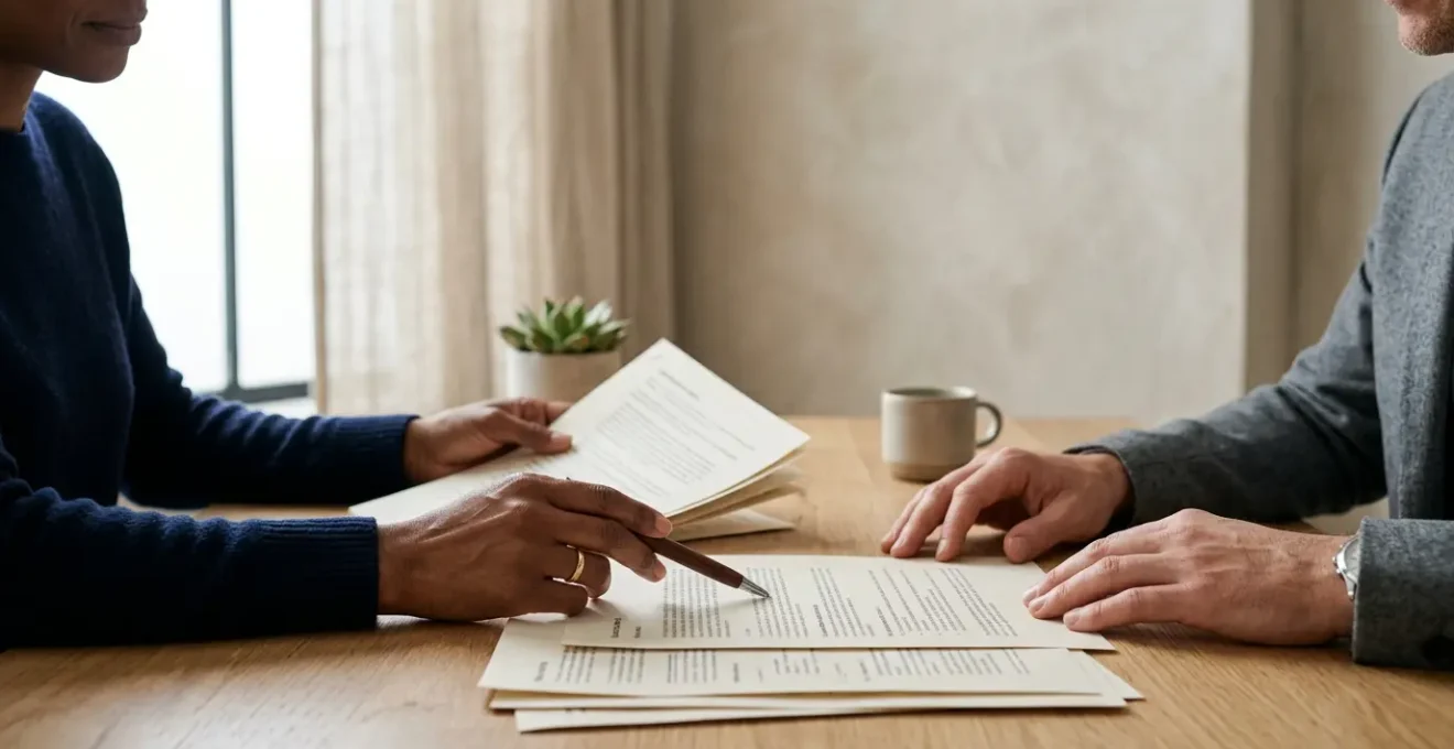 Professionnel vérifiant des documents d'assurance dans un environnement sobre et épuré