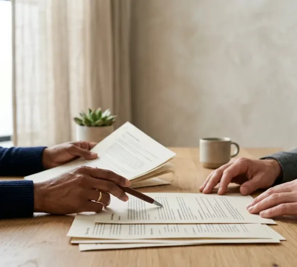 Professionnel vérifiant des documents d'assurance dans un environnement sobre et épuré