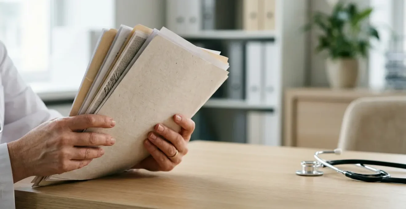 Professionnel de santé consultant un document officiel dans un environnement médical sobre illustrant les contrôles réglementaires