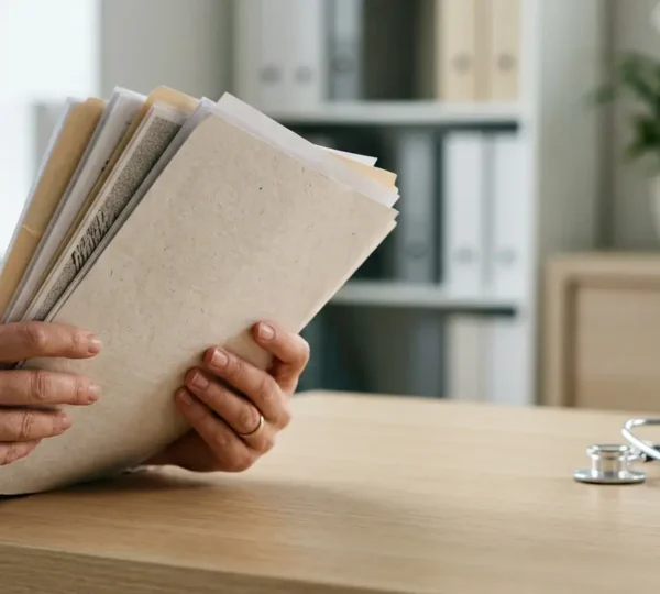 Professionnel de santé consultant un document officiel dans un environnement médical sobre illustrant les contrôles réglementaires