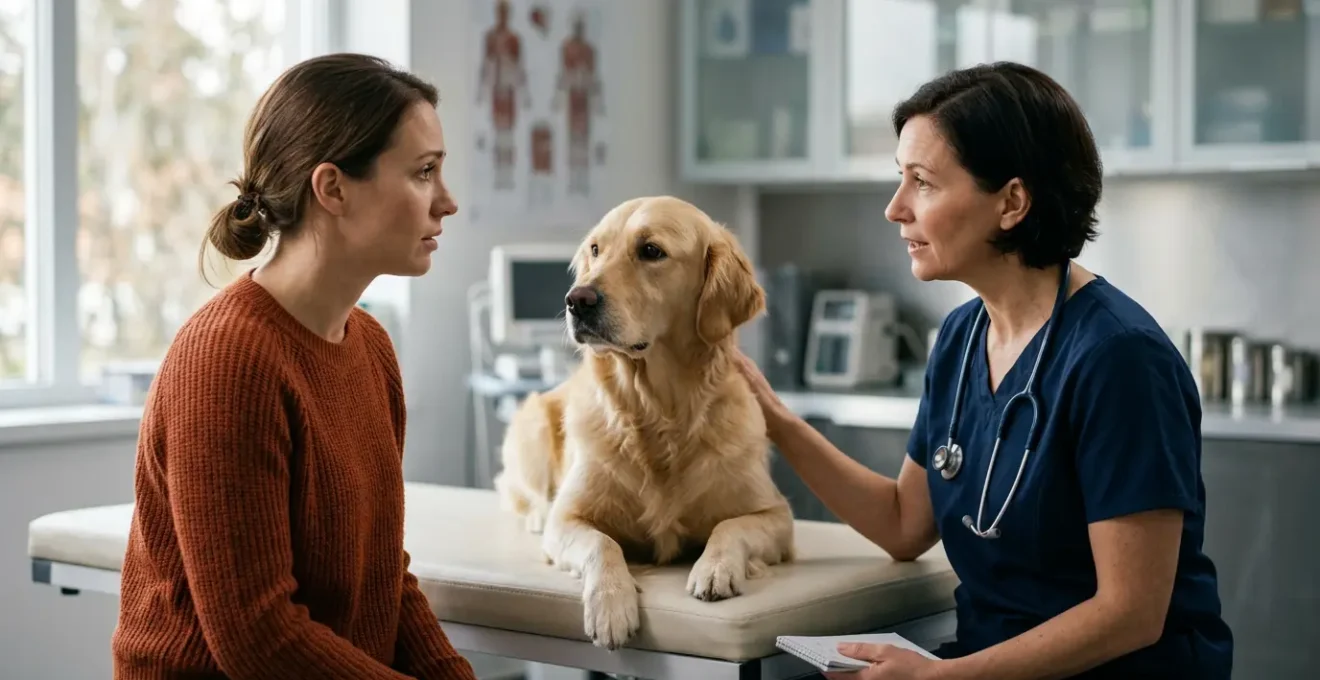 Propriétaire de chien consultant un vétérinaire pour discuter d'une intervention chirurgicale, illustrant les décisions financières importantes