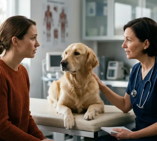 Propriétaire de chien consultant un vétérinaire pour discuter d'une intervention chirurgicale, illustrant les décisions financières importantes