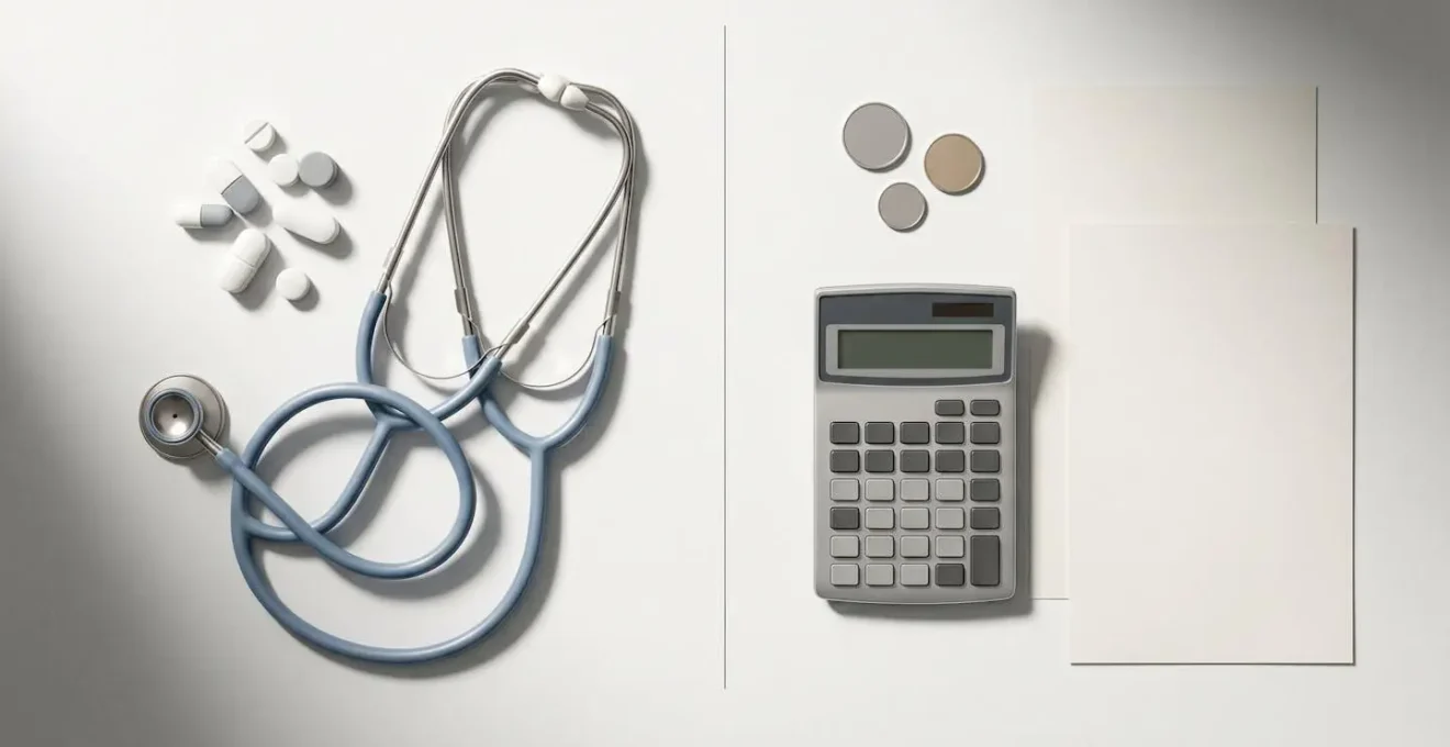 Composition minimaliste montrant des éléments symboliques de calcul financier et de santé