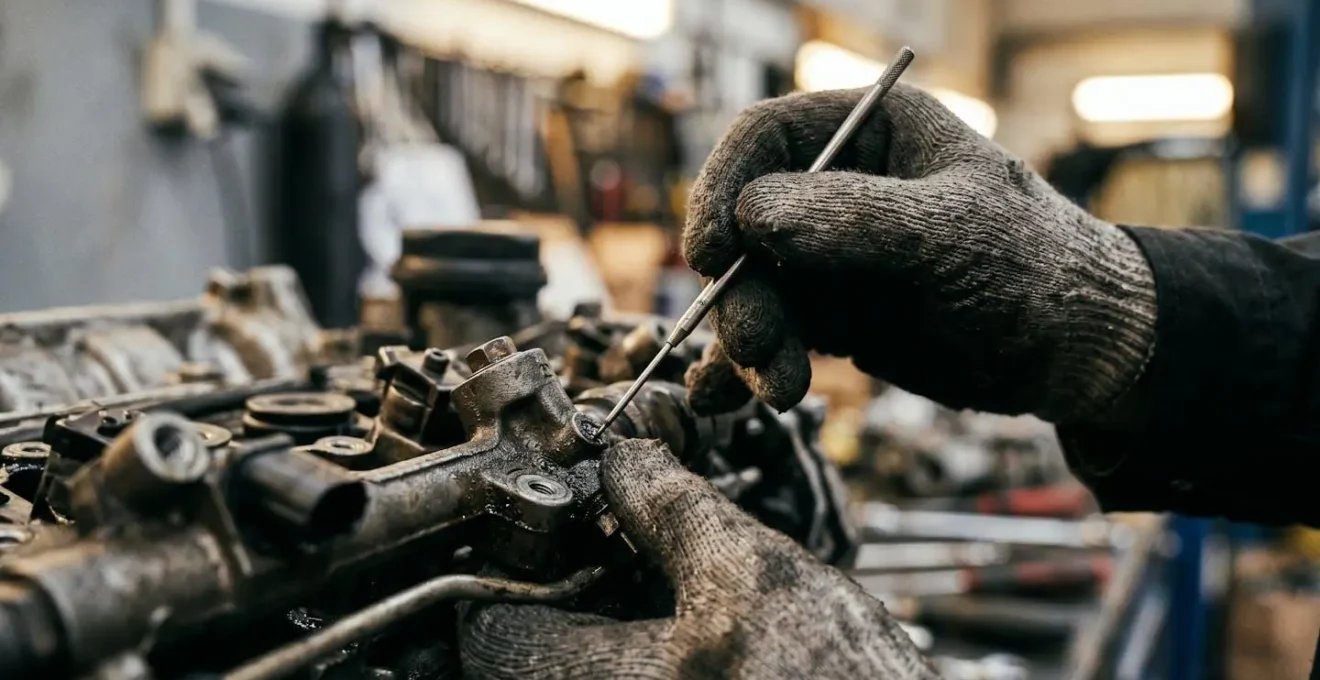 Expert automobile examinant en détail un moteur lors d'une expertise contradictoire