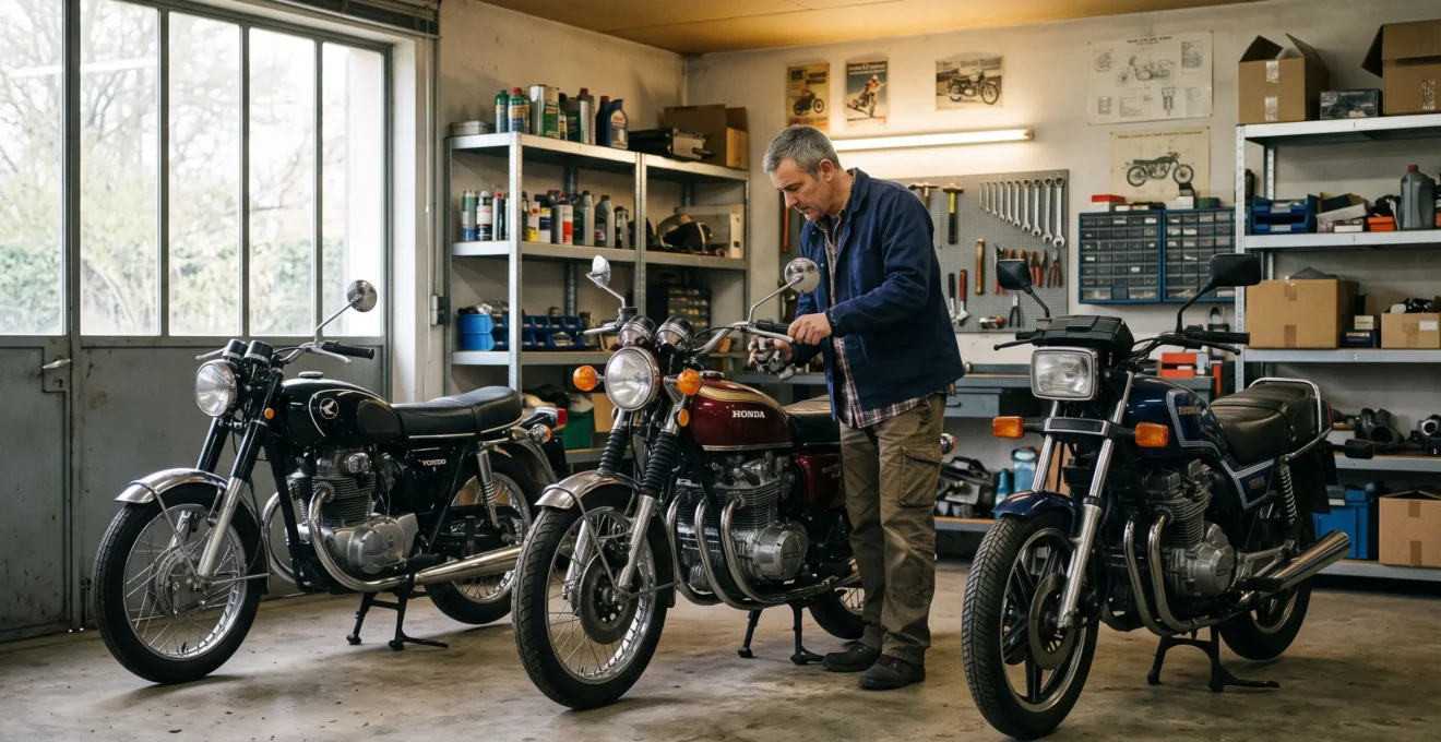 Collectionneur inspectant l'une de ses trois motos classiques dans son garage privé en France
