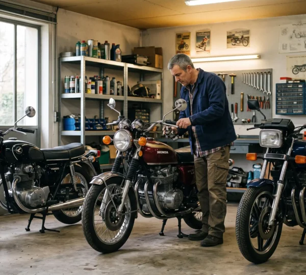 Collectionneur inspectant l'une de ses trois motos classiques dans son garage privé en France