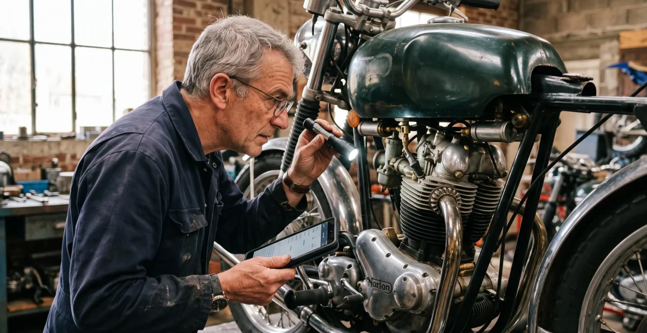 Expert évaluant l'état de conservation et les détails mécaniques d'une moto ancienne pour une expertise de valeur
