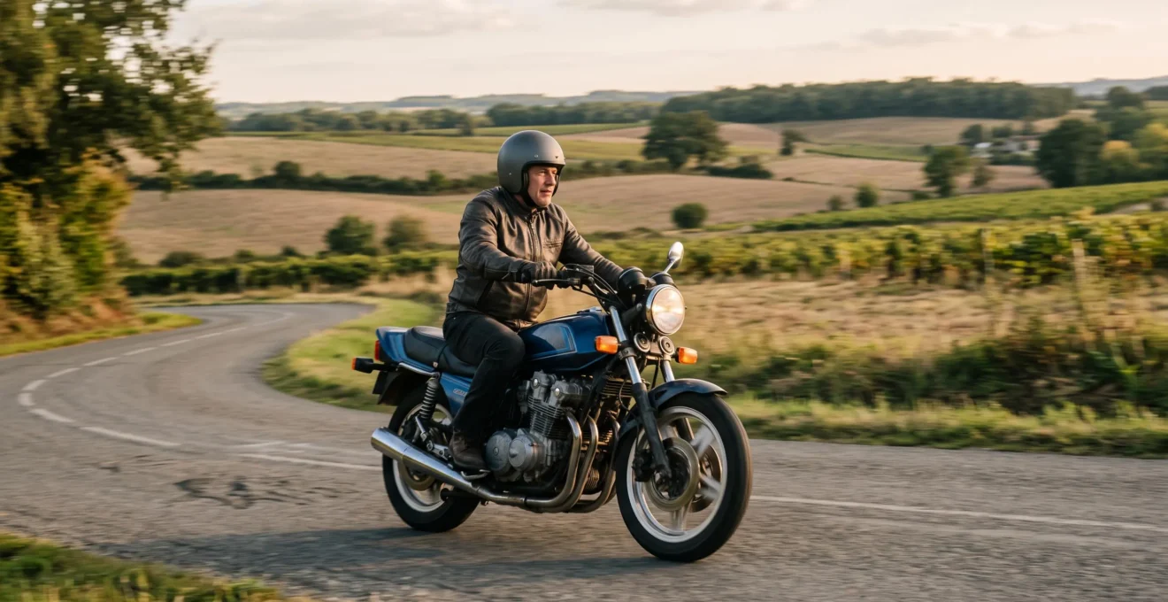 Motard sur une moto de collection des années 1980 lors d'une sortie loisir sur route de campagne française