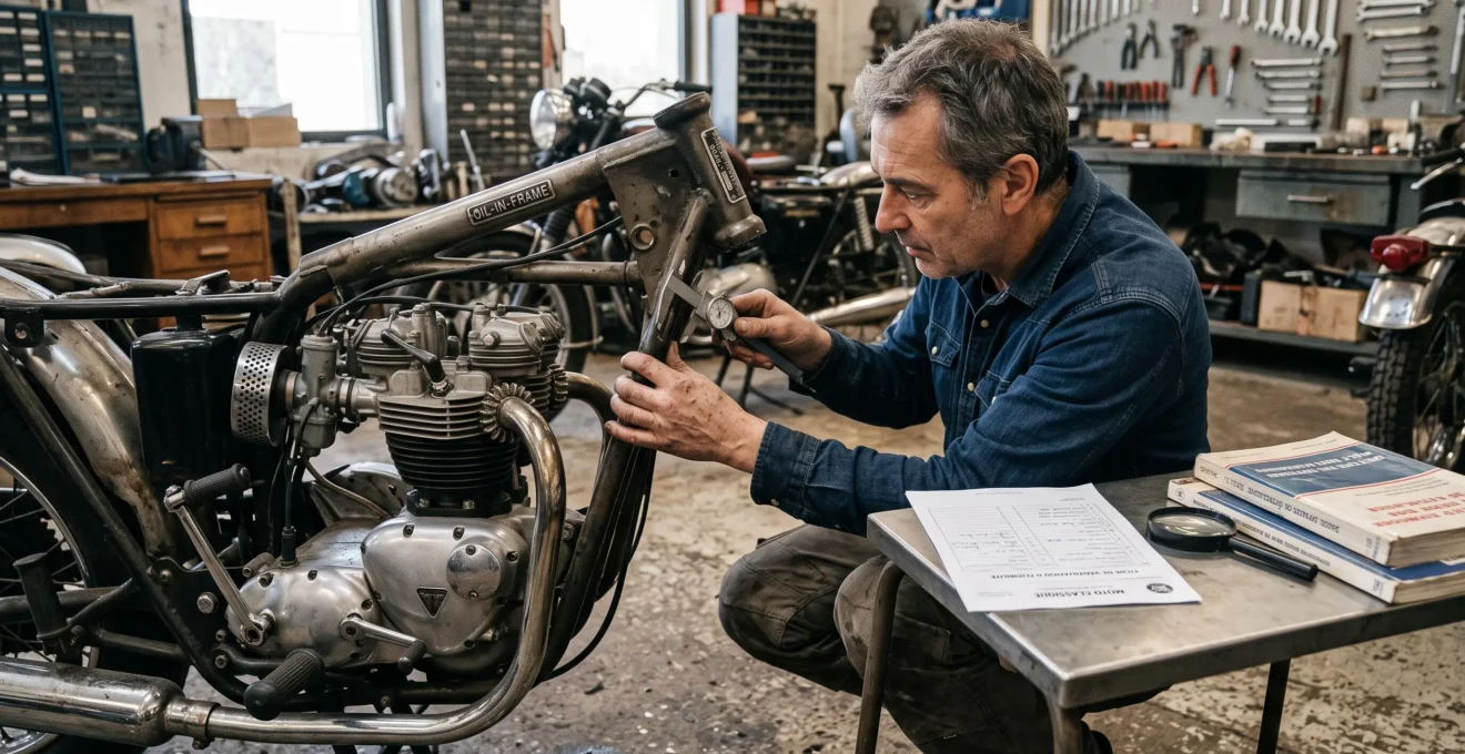 Expert vérifiant le numéro de série et la plaque constructeur d'une moto classique des années 1970