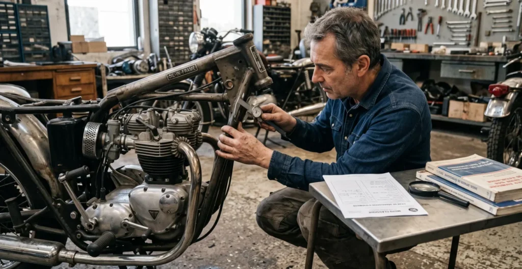 Expert vérifiant le numéro de série et la plaque constructeur d'une moto classique des années 1970 Expert vérifiant le numéro de série et la plaque constructeur d'une moto classique des années 1970
